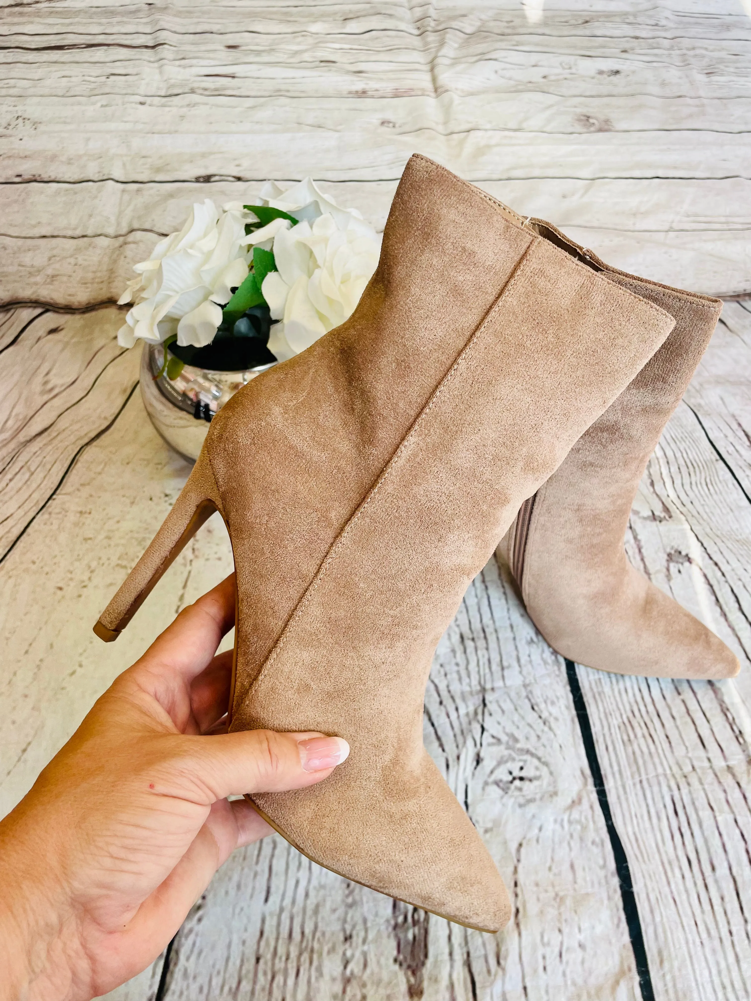 BEIGE FAUX SUEDE STILETTO HEEL ANKLE BOOTS ( 6835 ) size 3 and 7 only