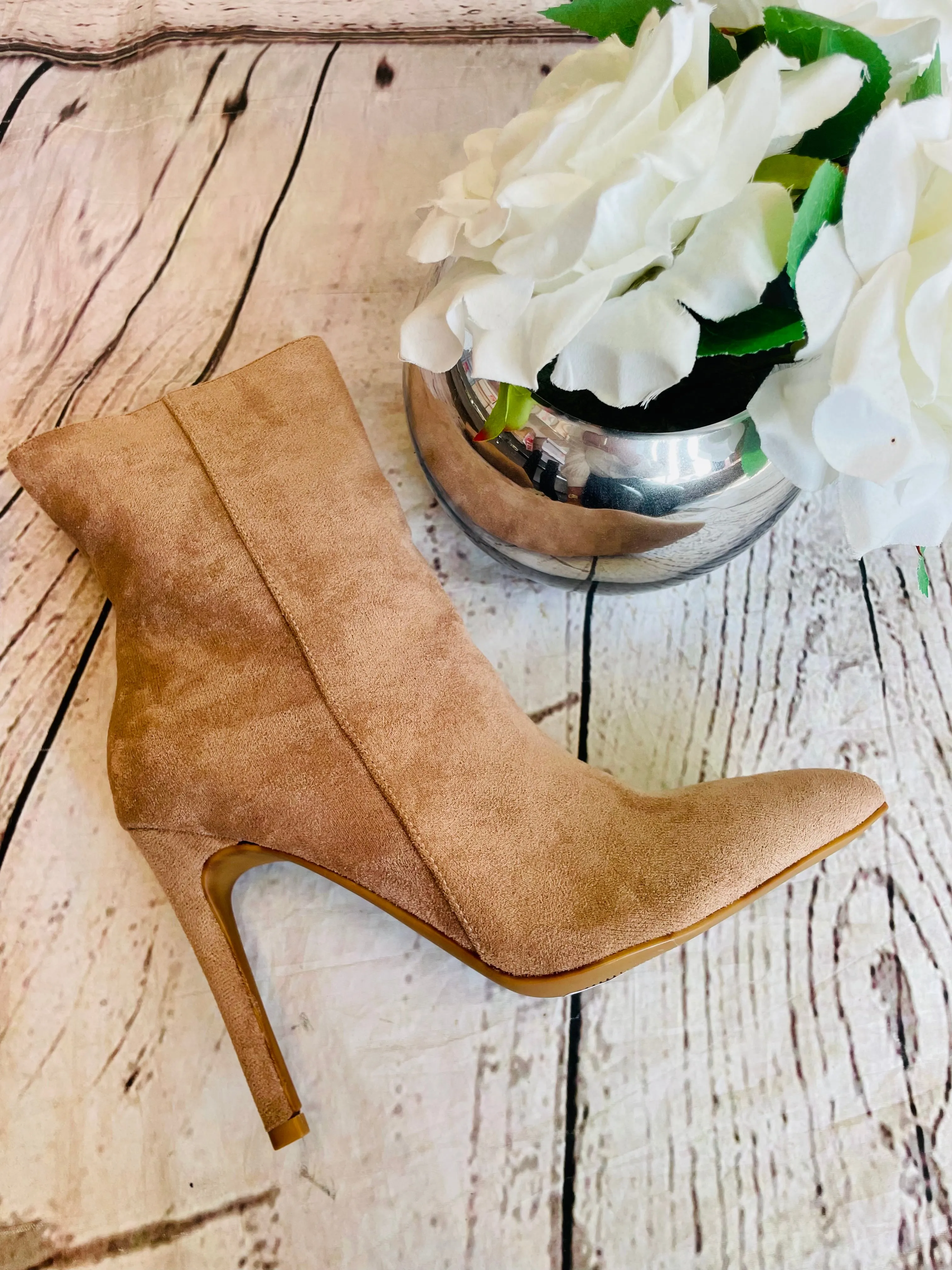 BEIGE FAUX SUEDE STILETTO HEEL ANKLE BOOTS ( 6835 ) size 3 and 7 only