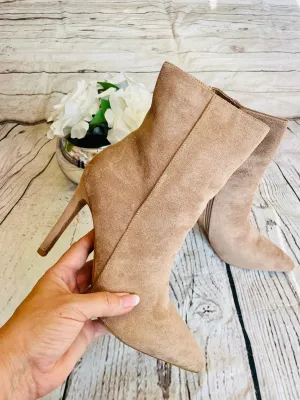 BEIGE FAUX SUEDE STILETTO HEEL ANKLE BOOTS ( 6835 ) size 3 and 7 only