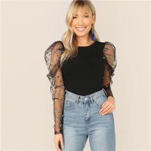 Black Colorful Dot Puff Shoulder T Shirt