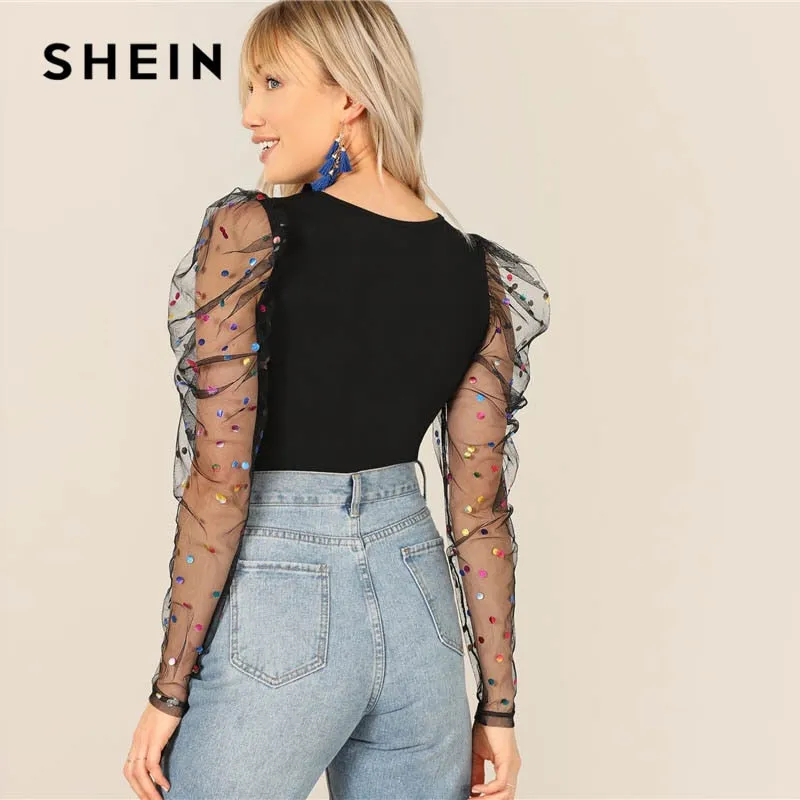 Black Colorful Dot Puff Shoulder T Shirt