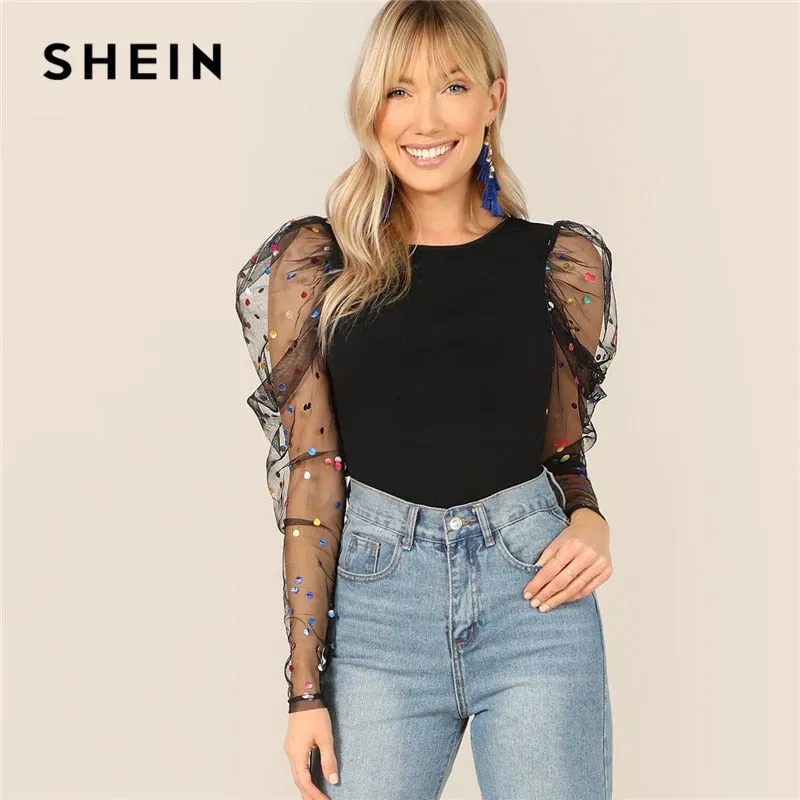 Black Colorful Dot Puff Shoulder T Shirt