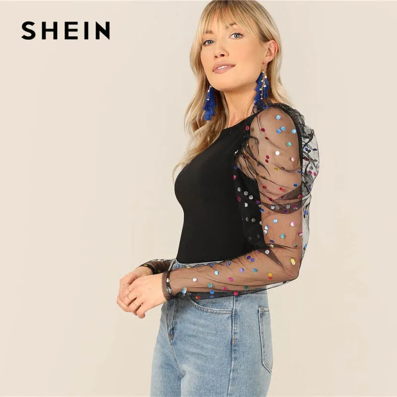 Black Colorful Dot Puff Shoulder T Shirt