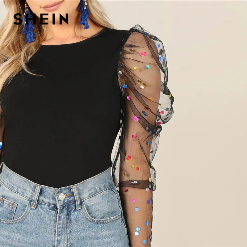 Black Colorful Dot Puff Shoulder T Shirt
