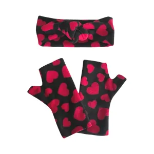 Black heart fingerless gloves and ear warmer set for women