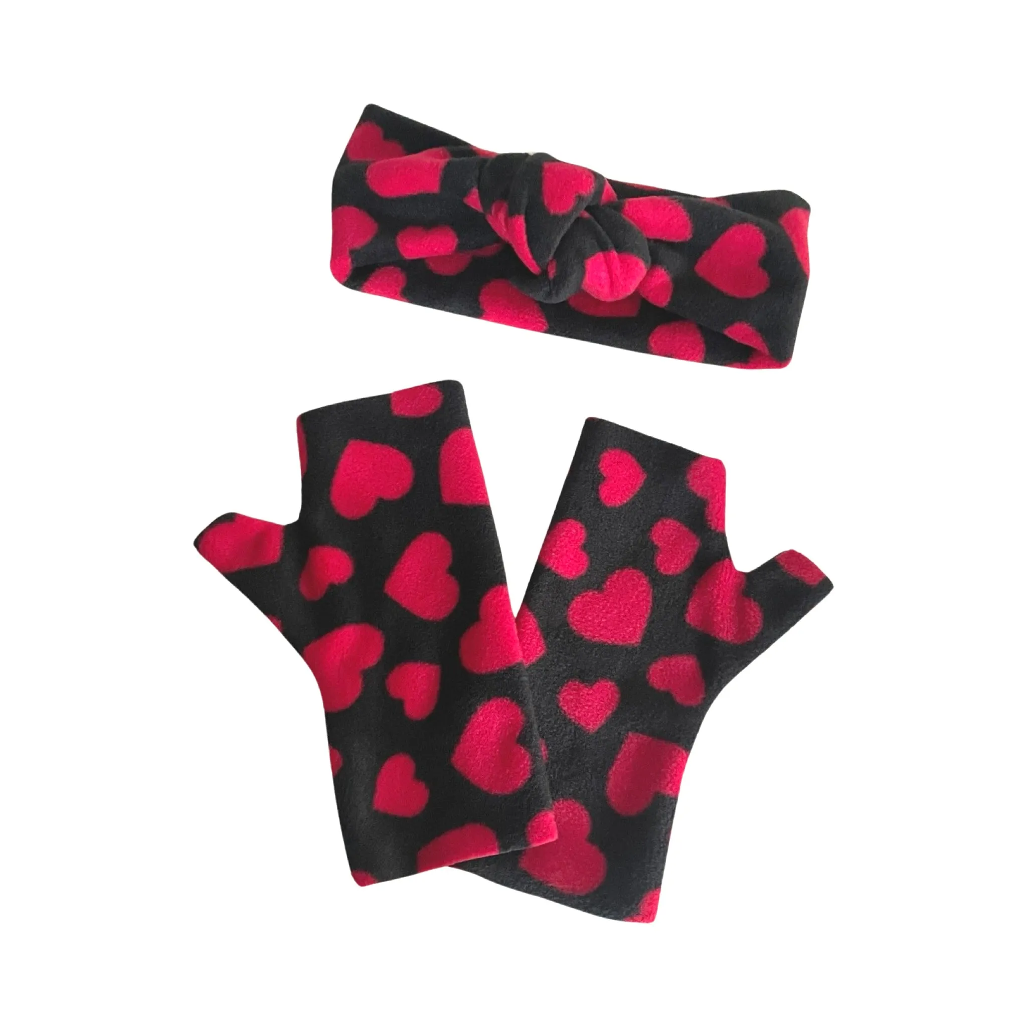Black heart fingerless gloves and ear warmer set for women