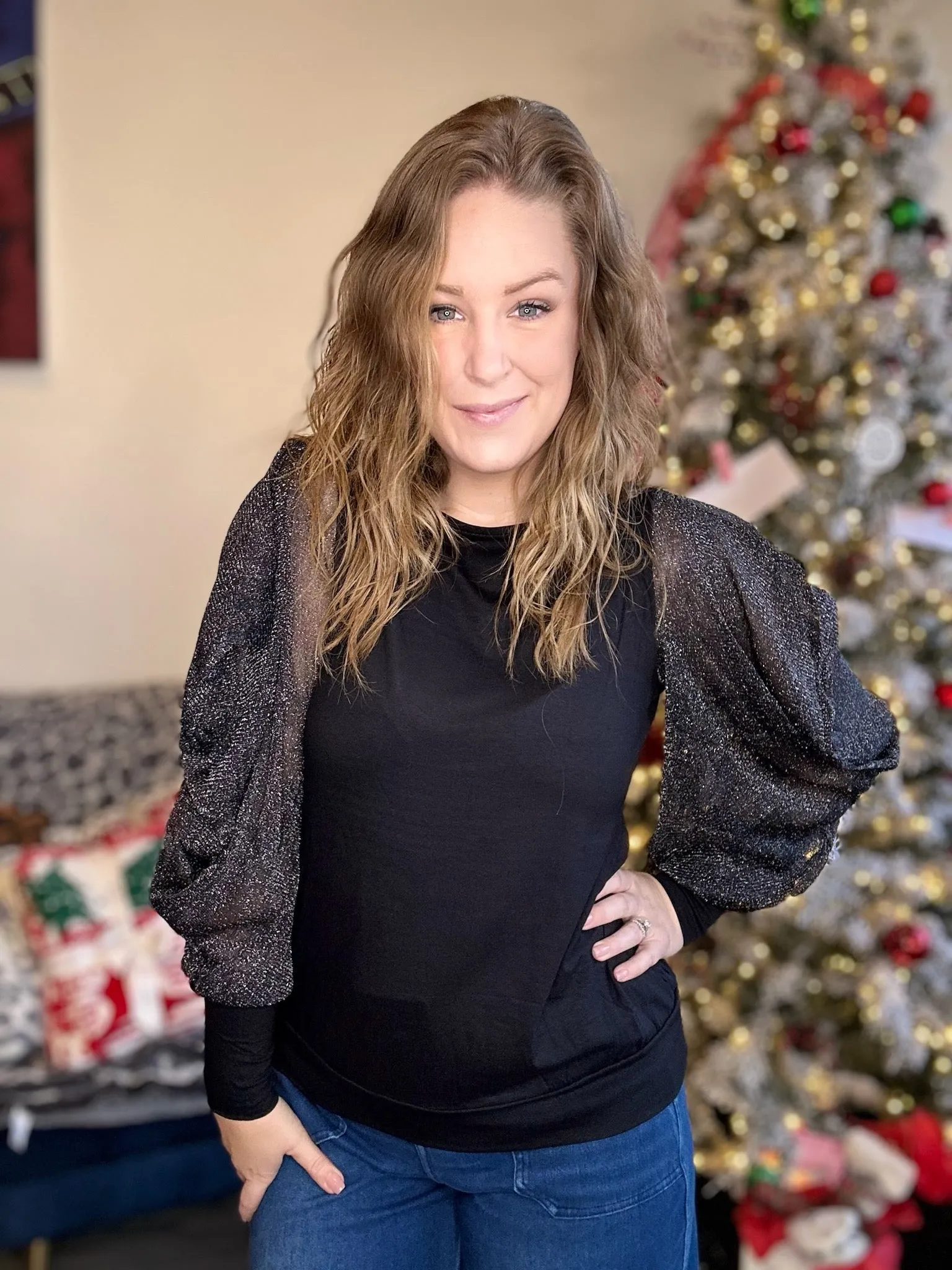 Black Mesh Sleeve Blouse