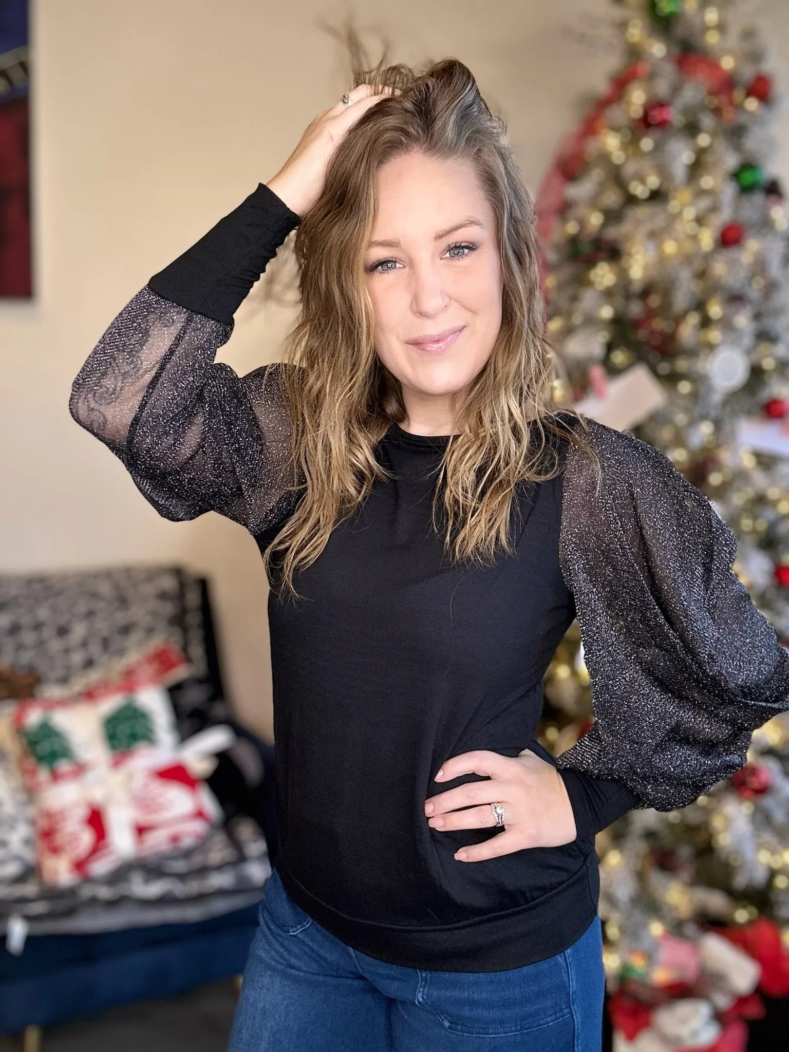 Black Mesh Sleeve Blouse