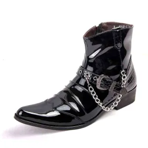 Black Patent PU Leather Chain Men Boots