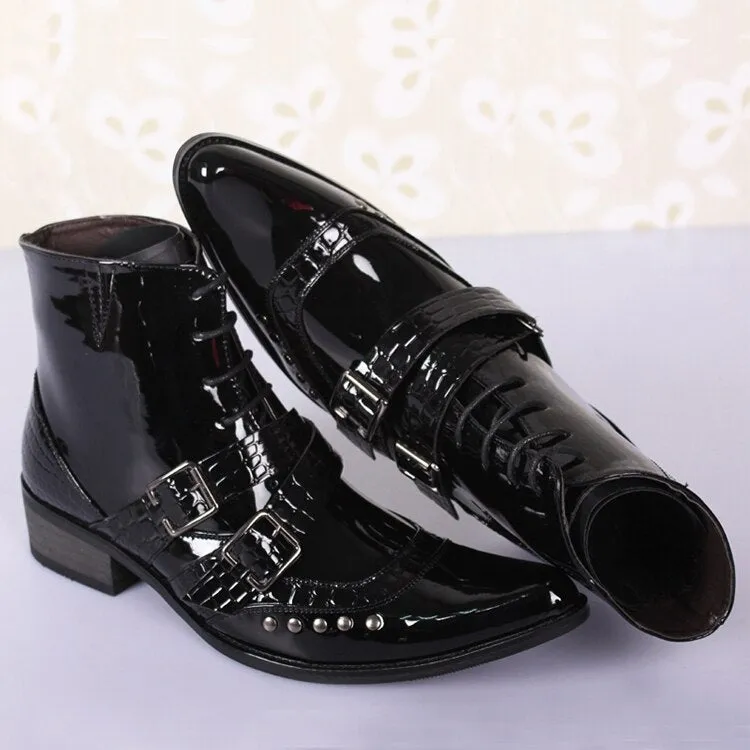 Black Patent PU Leather Chain Men Boots