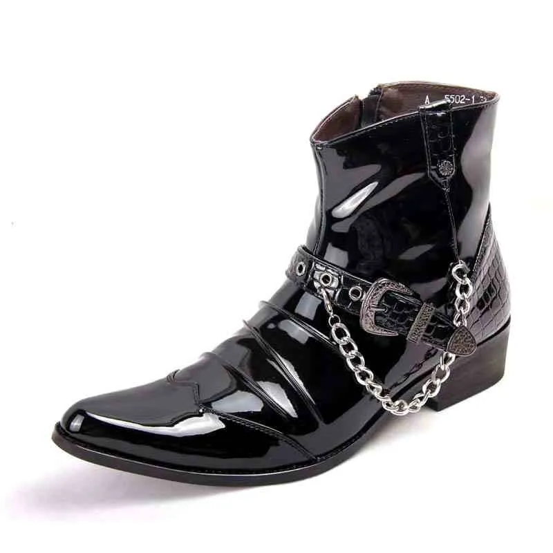 Black Patent PU Leather Chain Men Boots