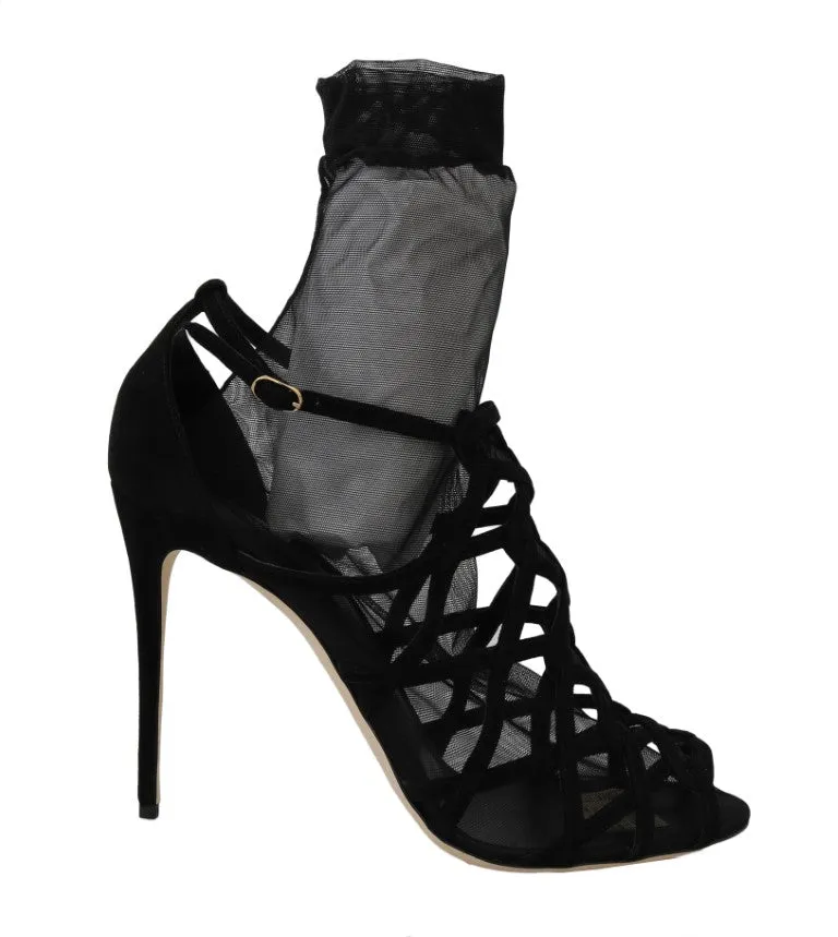 Black Suede Tulle Ankle Boots Sandals