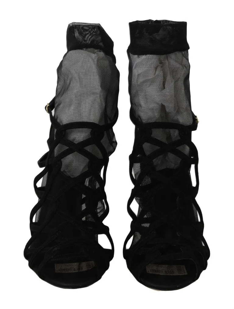 Black Suede Tulle Ankle Boots Sandals