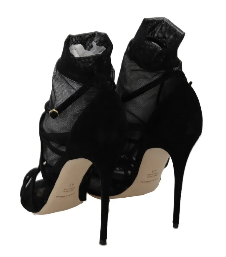 Black Suede Tulle Ankle Boots Sandals