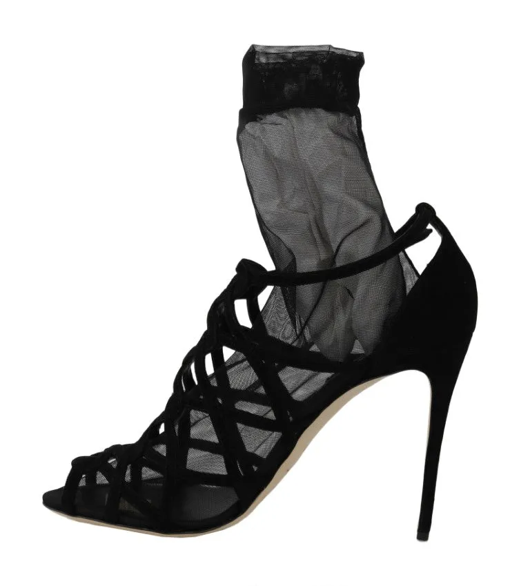 Black Suede Tulle Ankle Boots Sandals