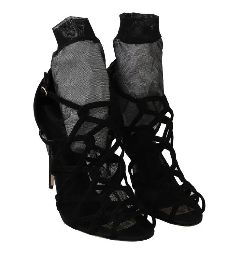 Black Suede Tulle Ankle Boots Sandals