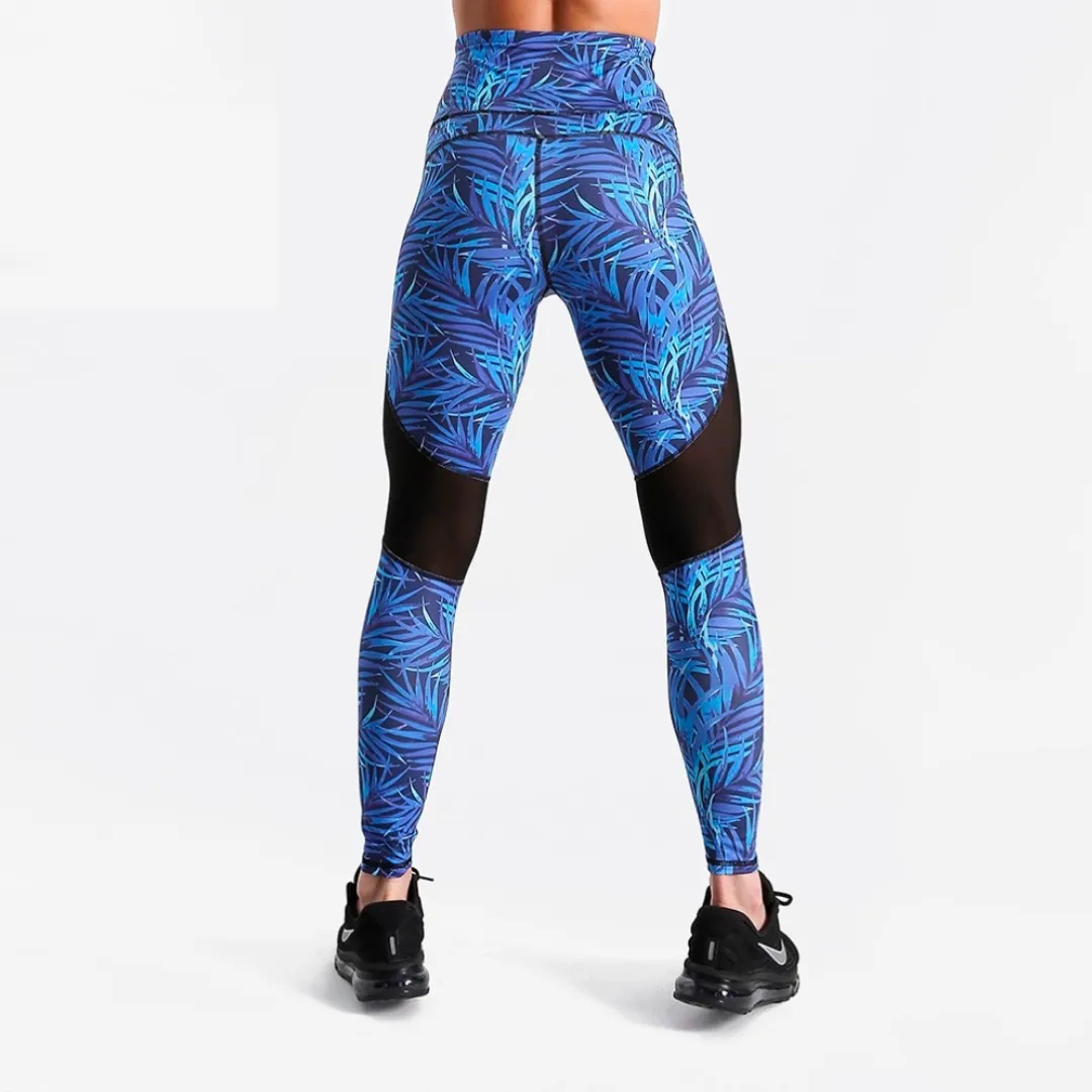 Blue leaf -Fitness leggings with mesh inserts