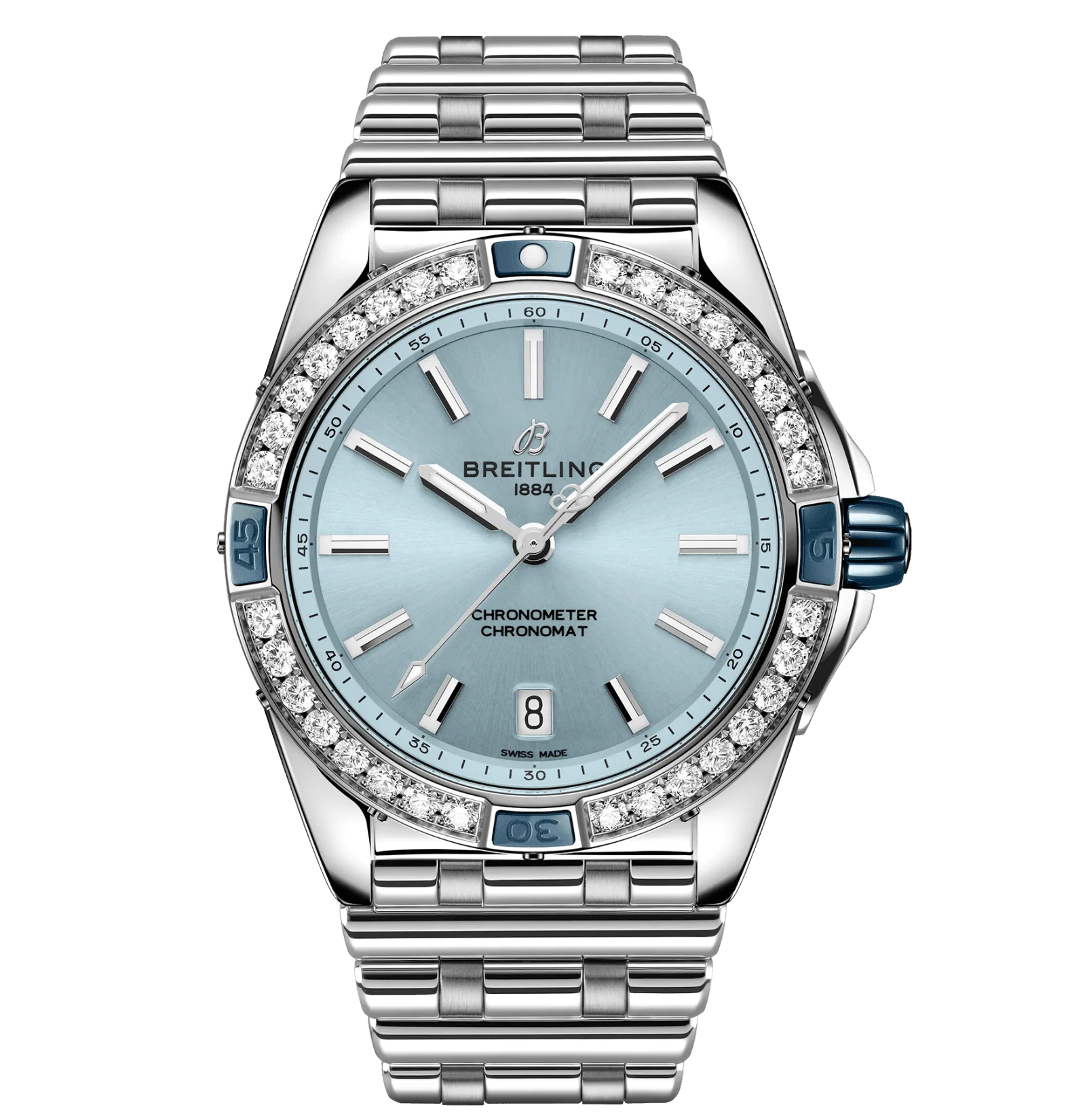 Breitling Super Chronomat 38mm Diamond Watch with Light Blue Dial