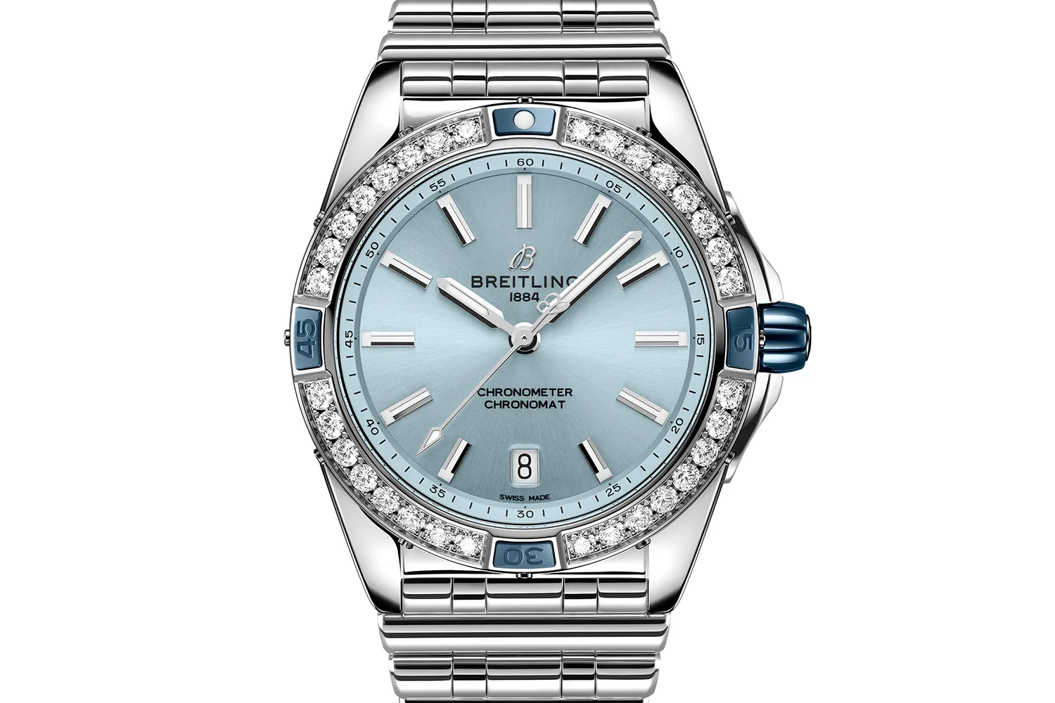 Breitling Super Chronomat 38mm Diamond Watch with Light Blue Dial