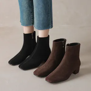 Brown Black Square Toe Side Zipper Ankle Boots #002018