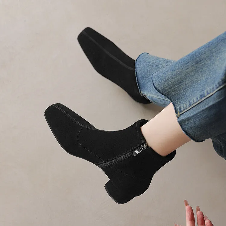Brown Black Square Toe Side Zipper Ankle Boots #002018