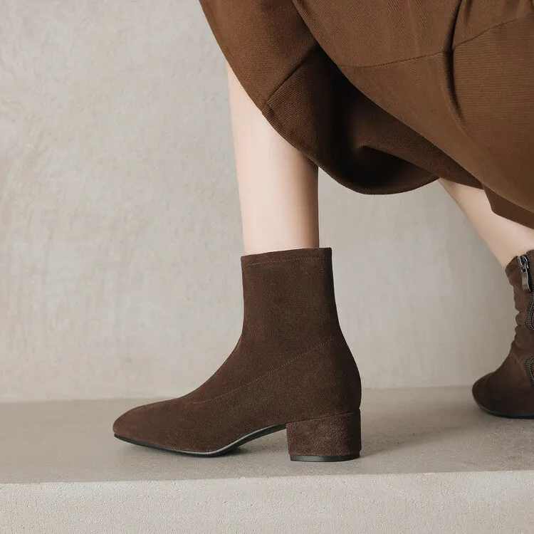 Brown Black Square Toe Side Zipper Ankle Boots #002018