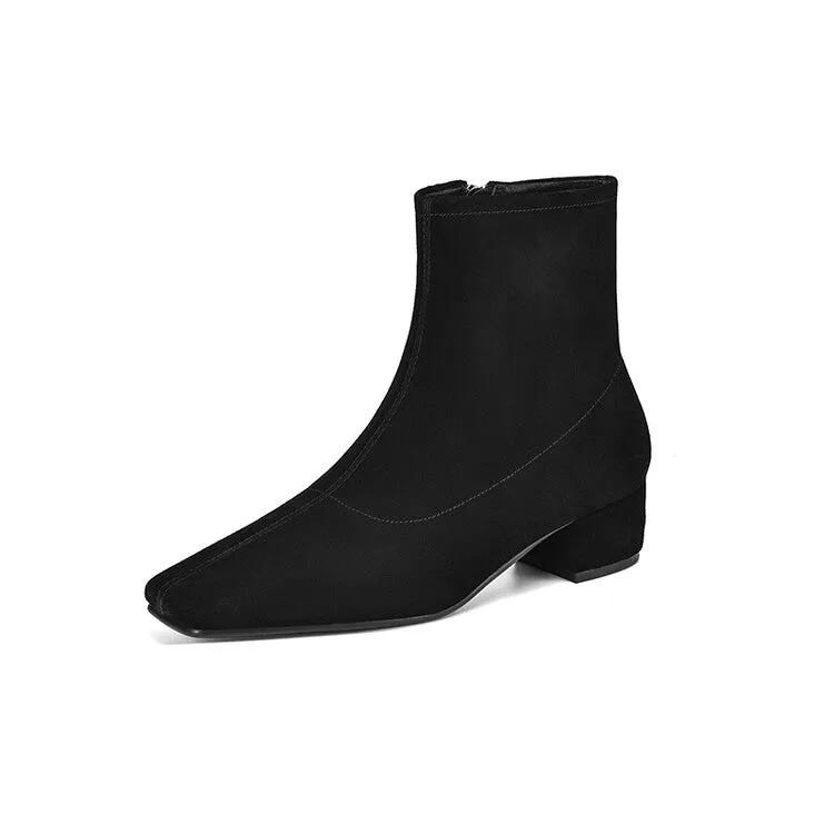 Brown Black Square Toe Side Zipper Ankle Boots #002018