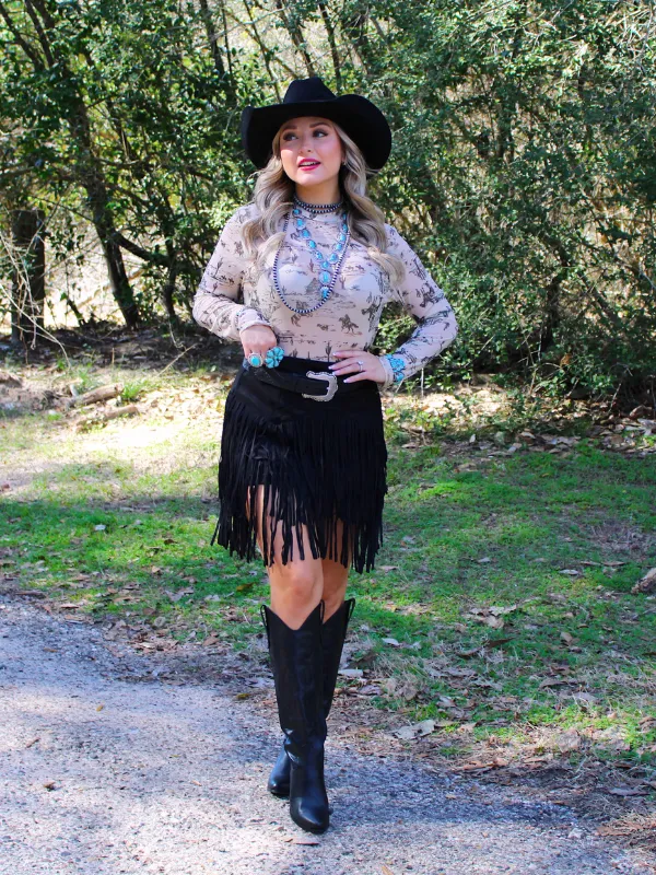 Buck Wild Mesh Long Sleeve Top, Cowboy print