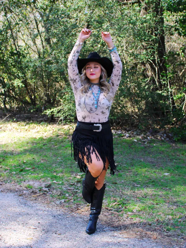 Buck Wild Mesh Long Sleeve Top, Cowboy print