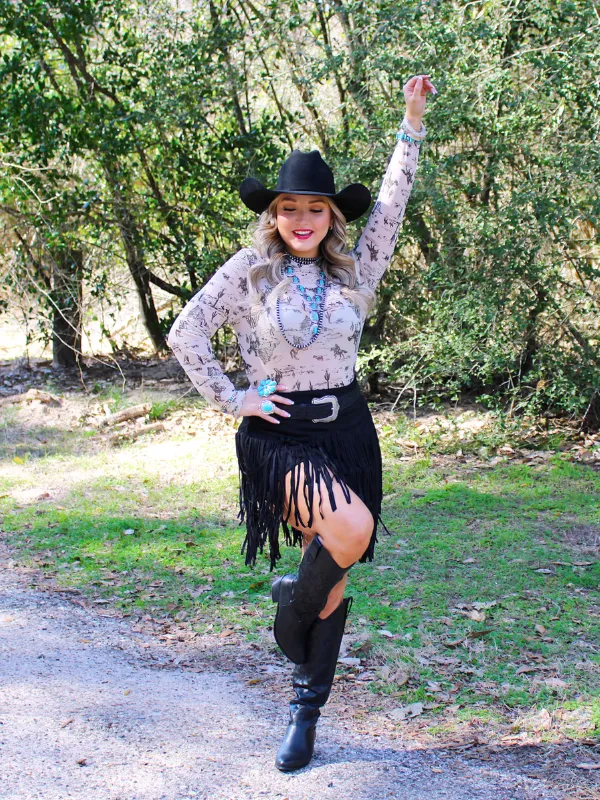Buck Wild Mesh Long Sleeve Top, Cowboy print