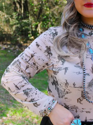 Buck Wild Mesh Long Sleeve Top, Cowboy print