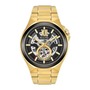 Bulova Maquina Mens Automatic Gold Tone Black Dial Watch