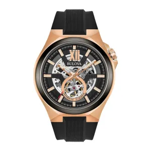 Bulova Maquina Mens Automatic Rose Tone Black Dial Black Silicone Strap Watch