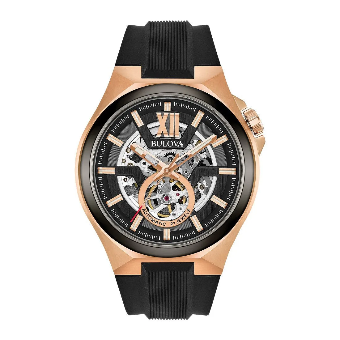 Bulova Maquina Mens Automatic Rose Tone Black Dial Black Silicone Strap Watch