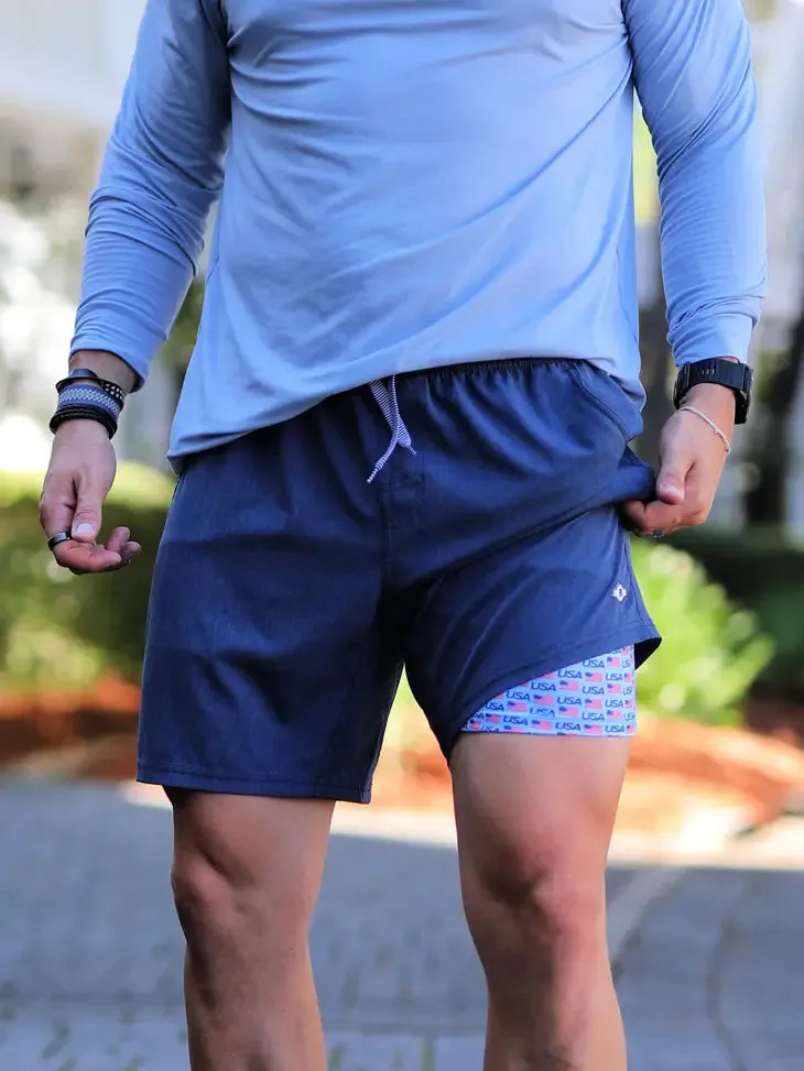 Burlebo Athletic Shorts - Heather Navy - USA Flag