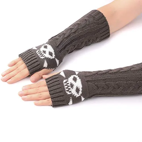 Cable Knit Fingerless Gloves with Skull Jacquard
