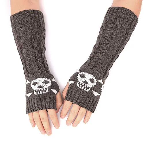 Cable Knit Fingerless Gloves with Skull Jacquard