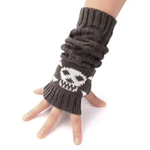 Cable Knit Fingerless Gloves with Skull Jacquard