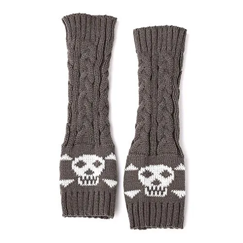 Cable Knit Fingerless Gloves with Skull Jacquard