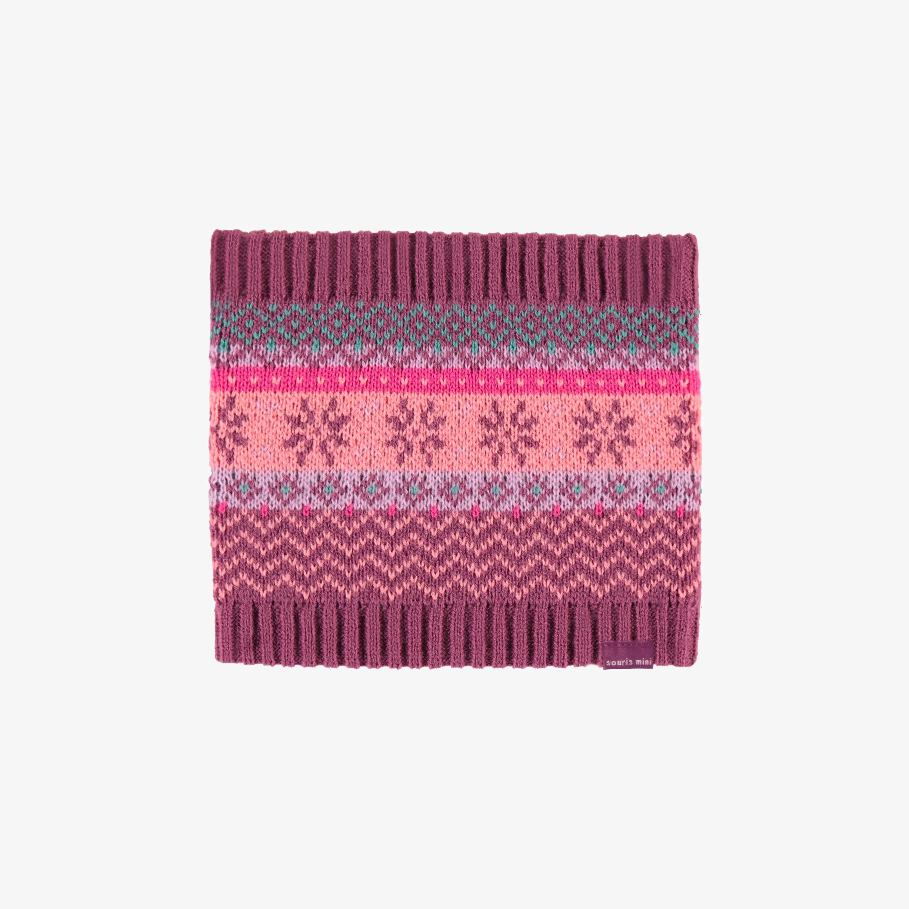 Cache-cou en tricot rose, pêche et turquoise à motif, bébé || Pink, peach and turquoise patterned neck warmer, baby