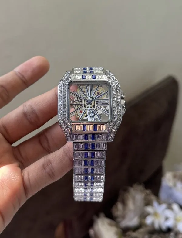 Cartier  Santos Skeleton Blue Diamond Quartz Watch