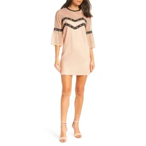Chelsea28 Eyelet Lace ¾ Bell Sleeve Mini Shift Dress Peachy Pink Black - sz S