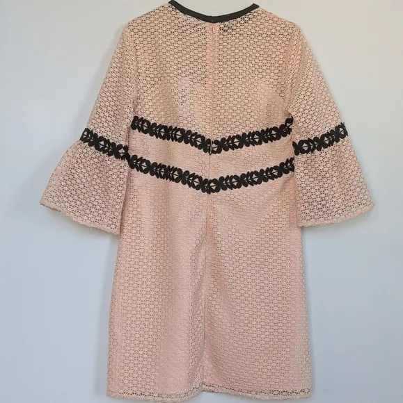 Chelsea28 Eyelet Lace ¾ Bell Sleeve Mini Shift Dress Peachy Pink Black - sz S