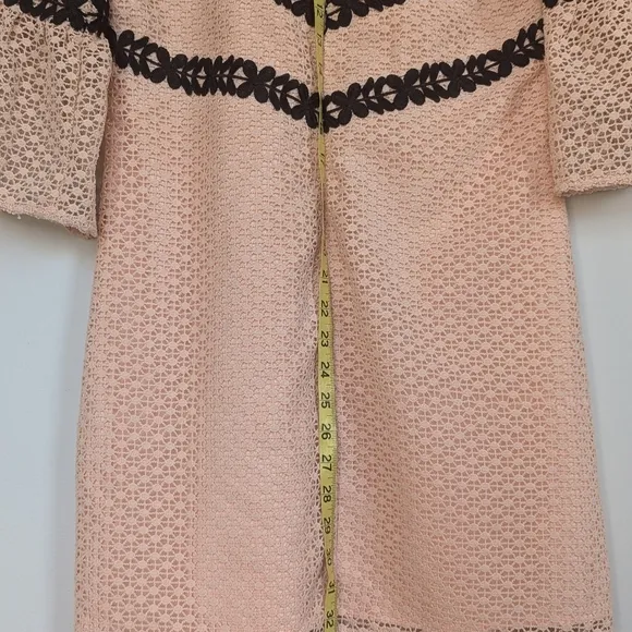 Chelsea28 Eyelet Lace ¾ Bell Sleeve Mini Shift Dress Peachy Pink Black - sz S