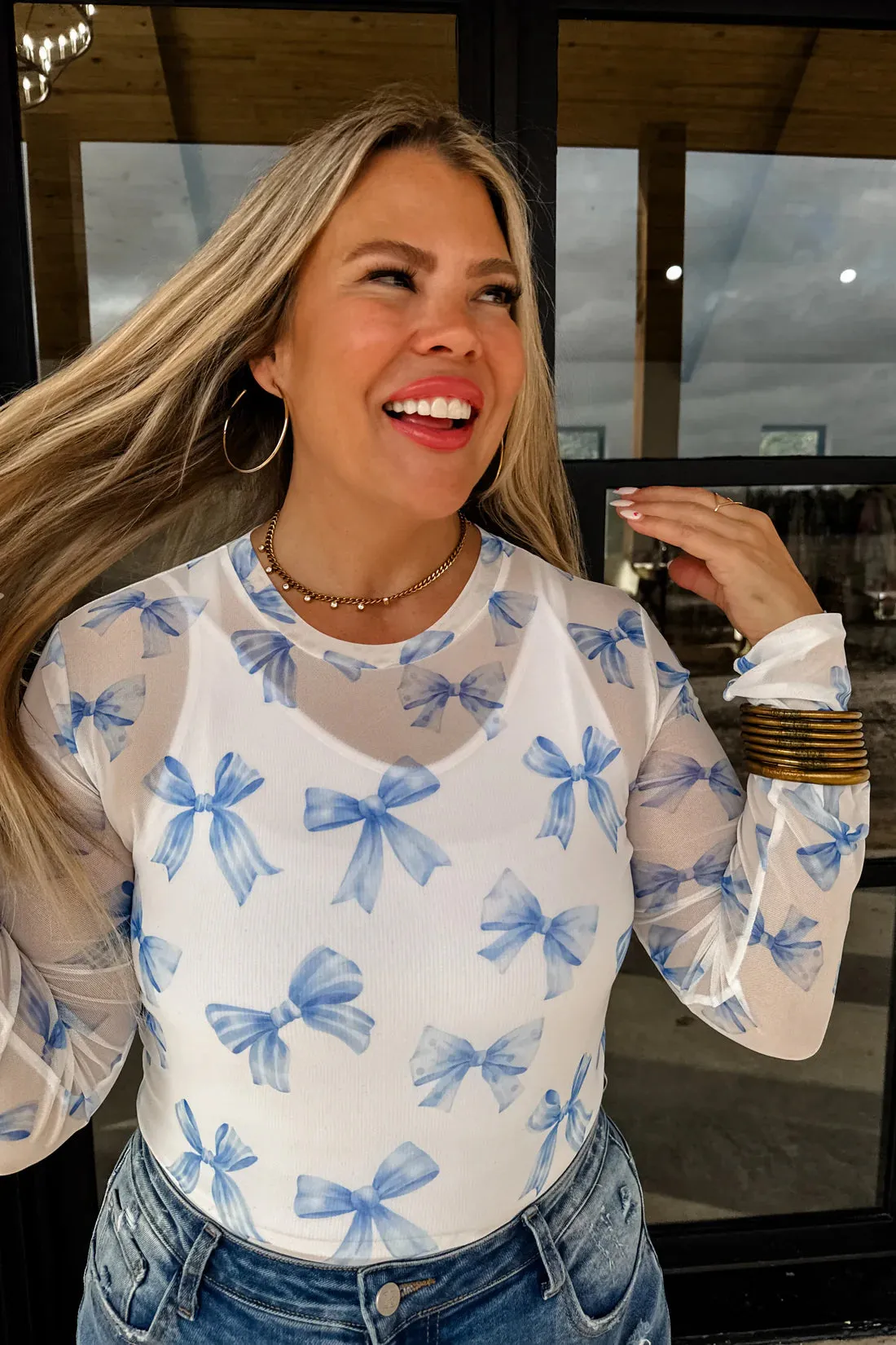 CHRISSA BOW MESH TOPS