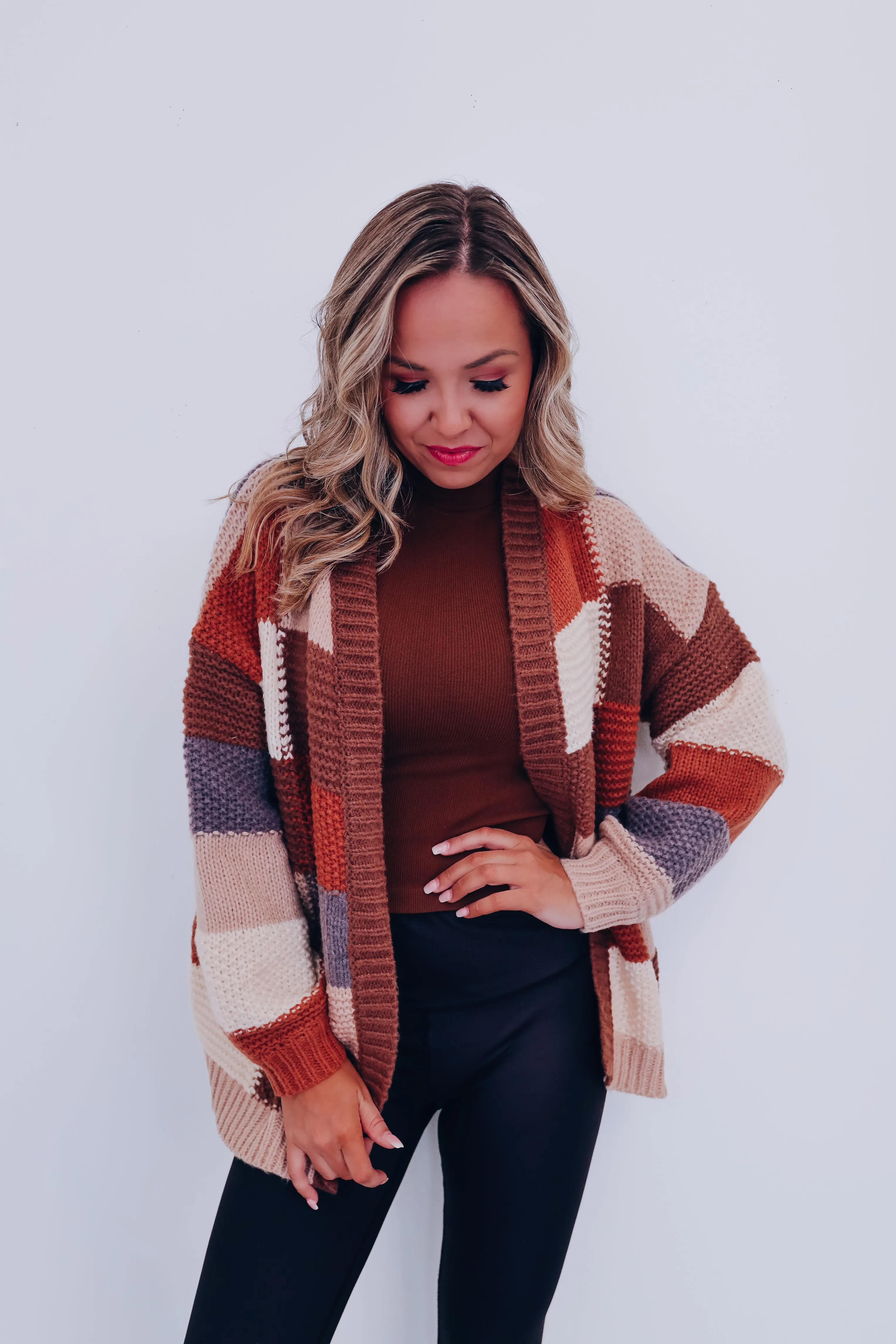 Chunky Checker Block Cardigan - Mocha Combo