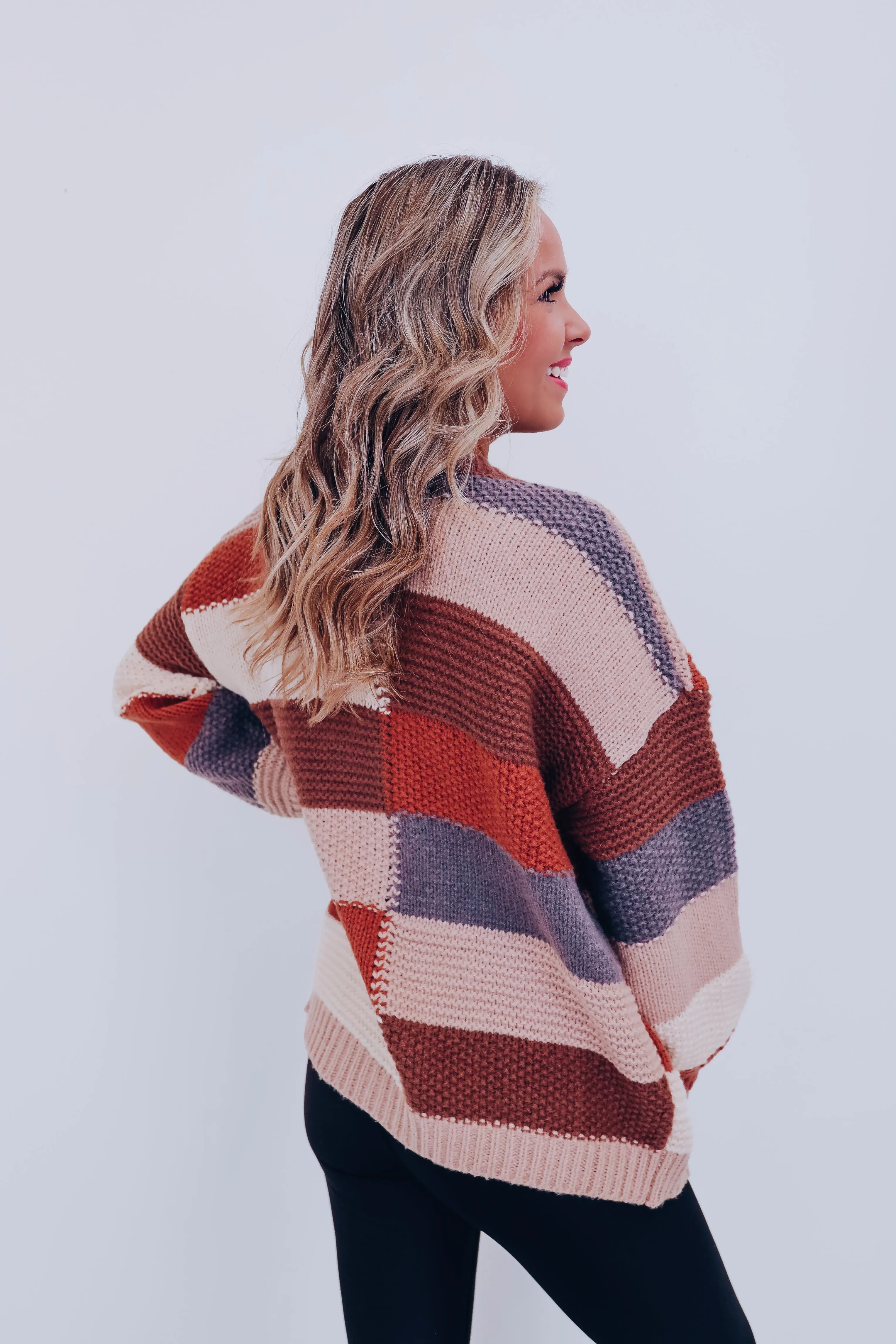 Chunky Checker Block Cardigan - Mocha Combo