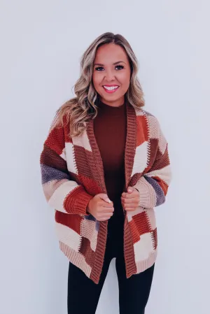 Chunky Checker Block Cardigan - Mocha Combo