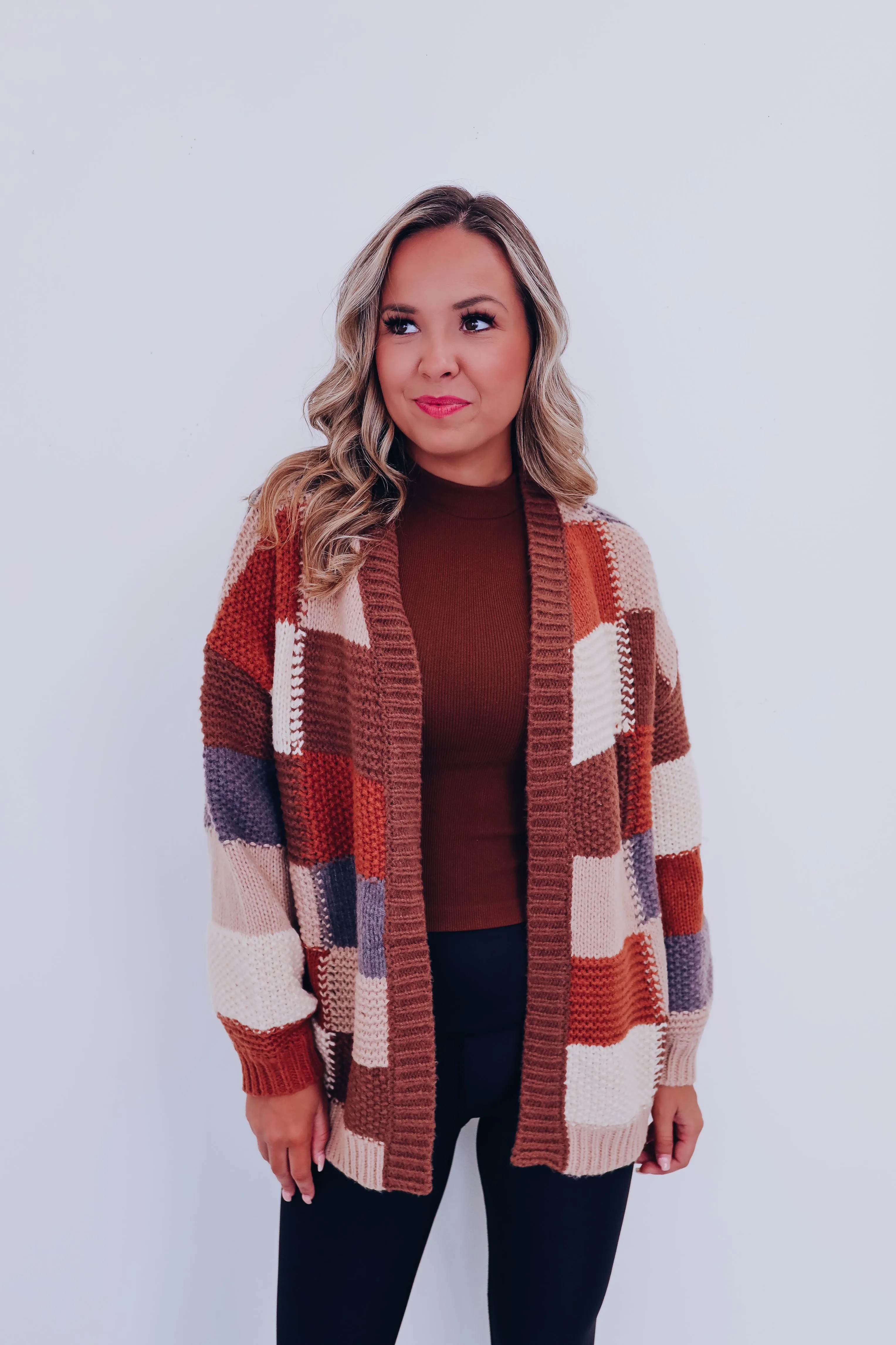 Chunky Checker Block Cardigan - Mocha Combo