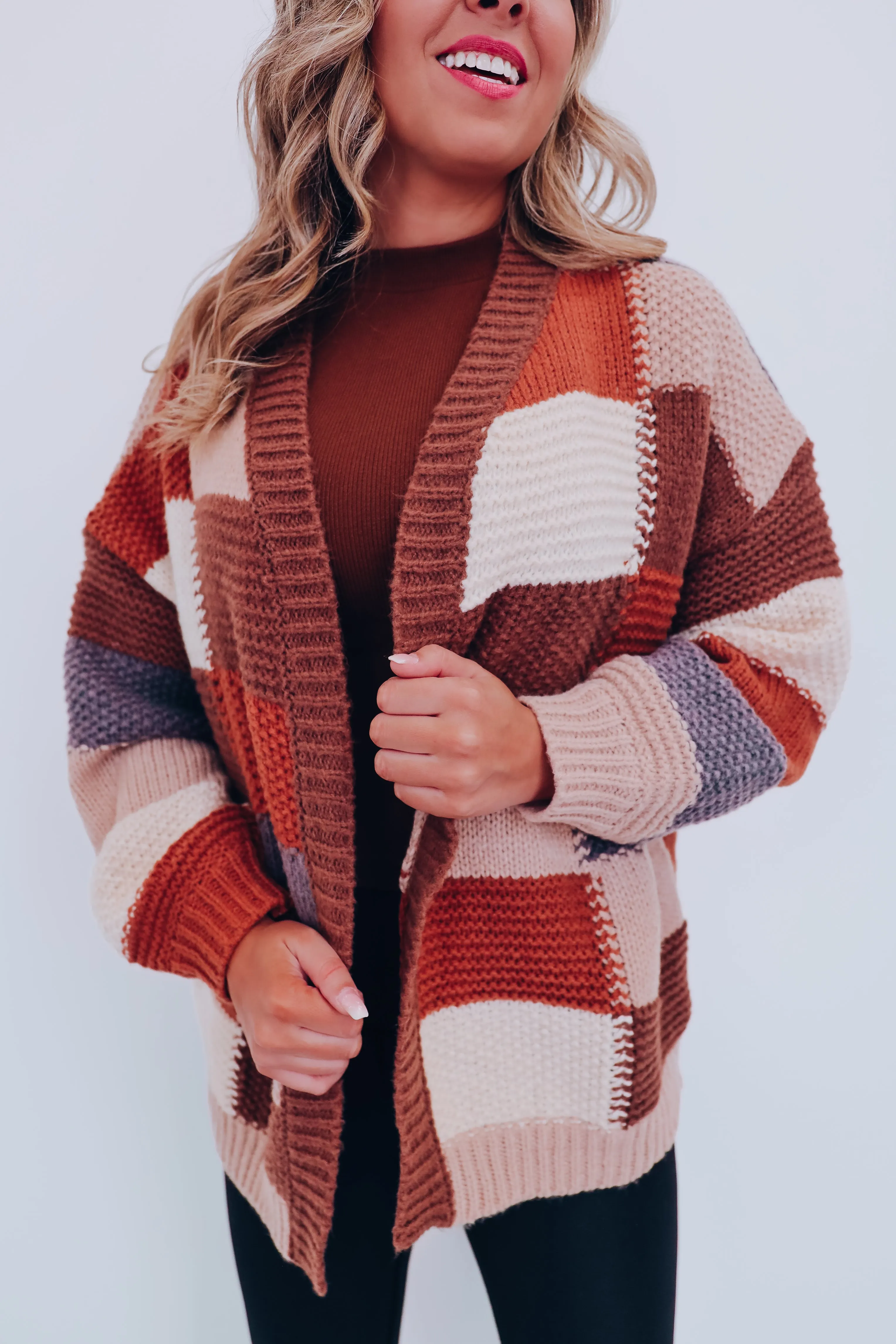 Chunky Checker Block Cardigan - Mocha Combo